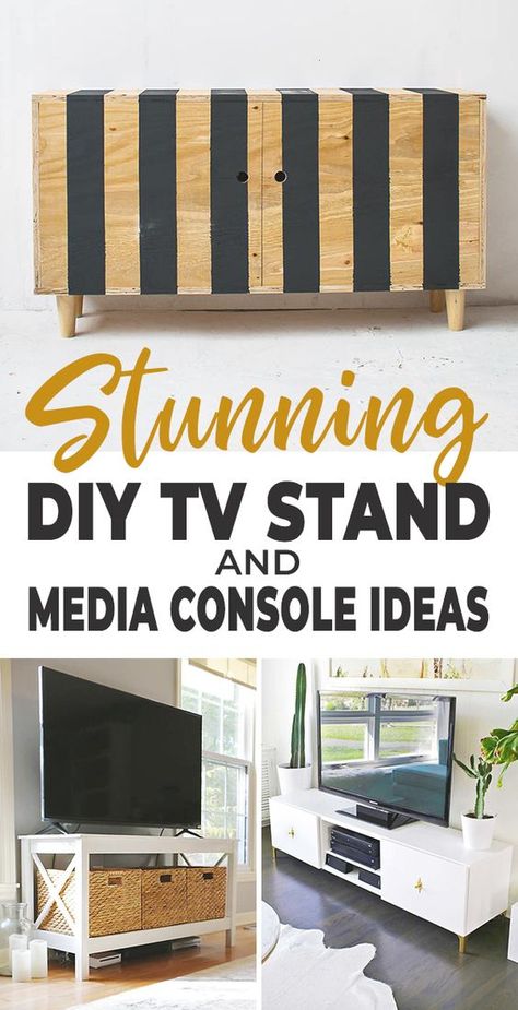 DIY TV Stand & Media Console Ideas • OhMeOhMy Blog Media Console Ideas, Homemade Tv Stand, Diy Shelves Design, Diy Shelves Ideas, Console Ideas, Diy Storage Rack, Furniture Sketch, Tv Stand Decor, Rustic Tv Stand