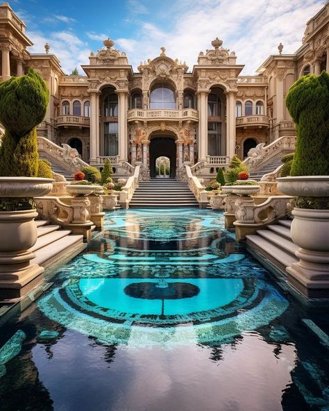 Fancy Hotel Exterior, Fancy Pools, Fancy Mansions, Fairytale Architecture, Dream Architecture, Pool House Design, Amazing Rooms, Fantasy Scenery, Awesome Houses