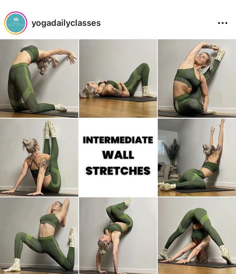 Fun Yoga Sequence, Wall Stretches, Intermediate Yoga Poses, Yoga Poses Chart, Hata Yoga, Yoga Flexibility, Wall Yoga, Yoga Information, Yoga Daily