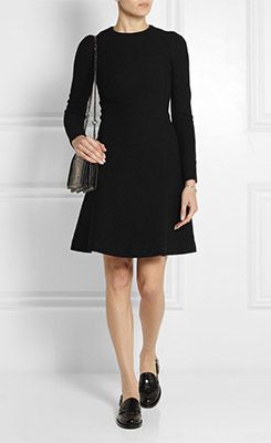 Black loafers and dress: CARVEN Seersucker Wool Blend Dress Little Black Dress Flat Shoes, Office Dress With Flats, Wool Dress Shoes, Footwear To Wear With Dresses, Black Loafer Outfits Women Dress, Dresses And Flats Outfit, Chunky Loafers With Dress Outfits, Flat Shoes Dress Outfit, Black Loafers With Dress