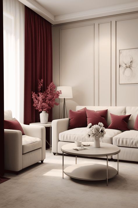 11 Great Colors That Go Well With Burgundy Sofa And Curtains Color Schemes, Maroon And Navy Living Room, Burgundy And White Living Room Ideas, Burgundy Accents Living Room, Maroon Accent Living Room, Maroon House Decor, Red Couches Living Room Decor Ideas, Couches Color Ideas, Back Wall Living Room Ideas