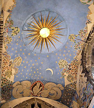 The ceiling with its alabaster sun is hand painted by Macdonald Gill to illustrate the story of creation. Sun Painted On Ceiling, Simple Celestial Art, Painted Ceiling Ideas Murals, Painted Ceiling Mural, Stars On The Ceiling, Wall Painting Ideas Aesthetic, Celestial Ceiling, Creation Aesthetic, Sun Architecture