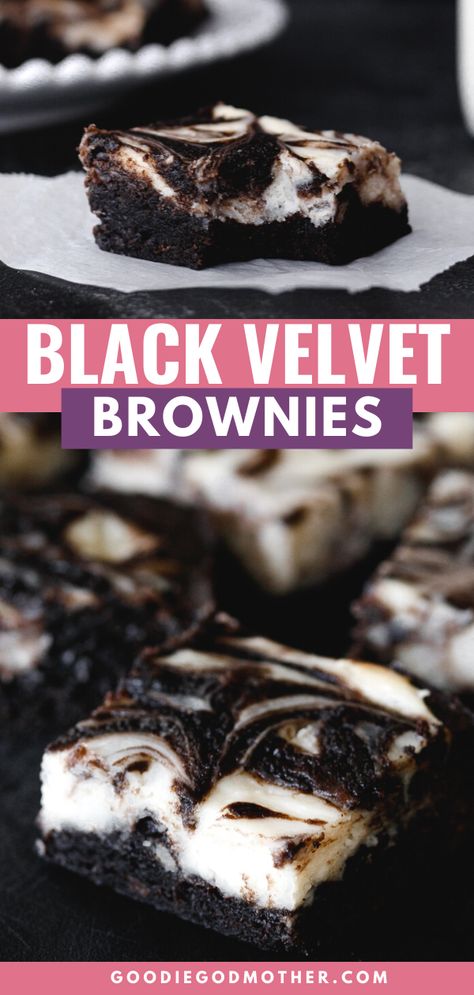 Extra dark brownies look stunning with a creamy white swirl of cheesecake baked right into the top. You'll love this black velvet cheesecake brownies recipe!    #blackvelvet #cheesecakebrownies #brownierecipe #dessertideas Pioneer Woman Black And White Brownies, Black Velvet Brownies, Black Color Desserts, Black And White Brownies, Black Velvet Cookies, Black And White Desserts, Black Brownies, Black Desserts, Work Desserts