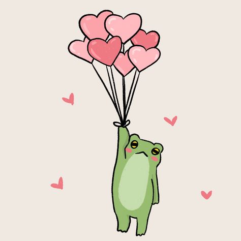 Love Frog Drawing, Drawing Frog Cute, Cute Balloon Drawing, Cute Valentines Doodles, Cute Frogs Drawing, Balloons Doodle, Balloon Frog, Valentine Doodles, Cute Frog Drawing