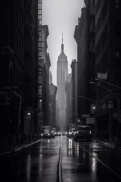 Introducing a stunning digital download of a captivating monochromatic portrait featuring the iconic Empire State Building and cars in the background. This image showcases the moody atmosphere of a dark city street, beautifully captured in shades of gray. The focus stacking technique used in this image creates a striking, multi-layered effect that adds depth and dimension to the overall composition. The sun rays shining upon the Empire State Building add a touch of warmth and contrast, making this image both brooding and beautiful. The monochromatic serenity and mastery of this piece make it an ideal choice for those seeking a minimalist and sophisticated aesthetic. Whether you're a lover of black and white photography or simply looking for a unique and eye-catching piece to add to your de Grey Theme Aesthetic, Black And White City Aesthetic, Grey And Black Aesthetic, Black City Aesthetic, Moody Dark Photography, Dark Gray Aesthetic, Black Esthetics, Black Luxury Aesthetic, Black And White Aesthetic Icon