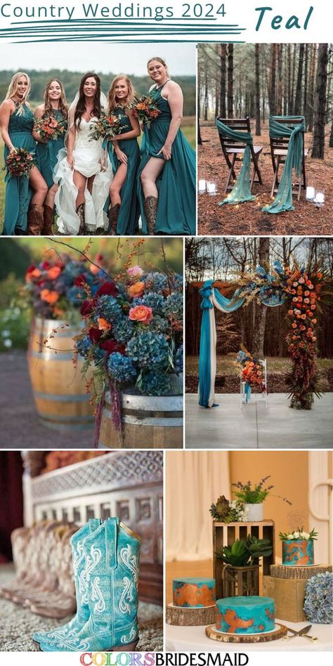 Teal country wedding colors inspirations for 2024: teal bridesmaid dresses, white bridal gown, orange wedding bouquets, teal and orange barrel decorations, teal and orange wedding ceremony arch, teal bridal boots, teal wedding cake. Teal And Rust Barn Wedding, Cooper And Teal Wedding, Teal And Amber Wedding, Teals And Blues, Country Wedding Colors Fall, Teal Orange And Burgundy Wedding, Fall Wedding Bouquets Teal, Navy Teal And Burnt Orange Wedding, Teal And Rust Bridal Party