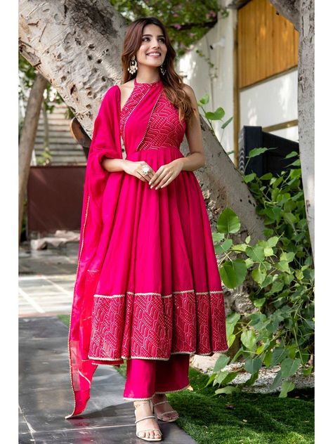 Sayonee Pink Bandhani Anarkali Kurta with Pants (Set of 3) Bandhani Suits Design, Bandhani Dress Pattern, Aditi Hundia, Bandhani Anarkali, Kurti Back Neck Designs, Bandhani Suit, Anarkali Kurta Set, Pink Colour Dress, Best Indian Wedding Dresses