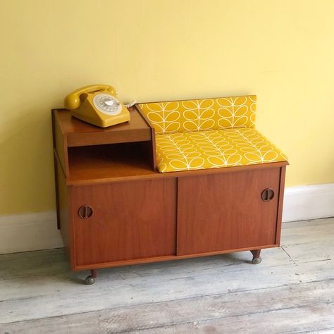 Vintage Telephone Table, Telephone Seat, Hall Chairs, Upcycle Chair, Gossip Bench, Chic Living Room Decor, Bamboo Coffee Table, Storage Bench Seating, Boho Chic Living Room