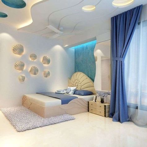 Stunning bedroom ceiling design Coral Reef Interior Design, Coral Reef Bedroom, False Ceiling Bedroom Design, Ceiling Bedroom Design, Whale Room, Beach Theme Bedroom, Wardrobe Shutters, Sea Bedrooms, Hotel Bedroom Design