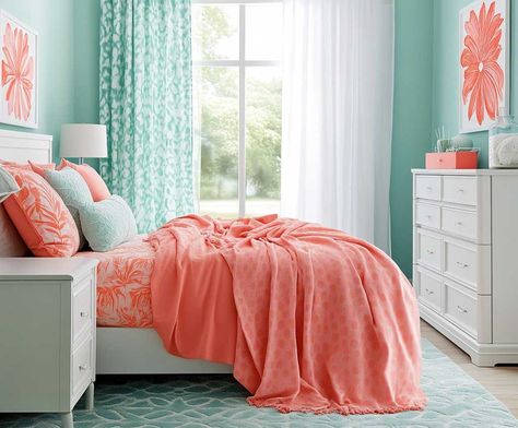 10+ Playful Bedroom Inspiration Looks with Coral and Aqua • 333+ Inspiring Lifestyle Ideas Turquoise And Coral Bedroom, Playful Bedroom, Coral Curtains, Aqua Throw Pillows, White Platform Bed, Curtain Designs For Bedroom, Coral Bedroom, Coral And Aqua, Aqua Walls