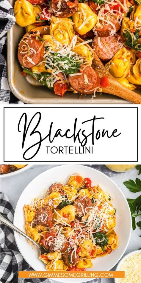 Food On A Griddle, Kielbasa And Tortellini Blackstone, Black Stone Grill Dinner Ideas, Sausage Blackstone Recipes, Tortellini Recipes On The Blackstone, Cheese Tortellini Recipes Blackstone, Toddeloni Blackstone, Blackstone Grill Tortellini, Blackstone Italian Recipes