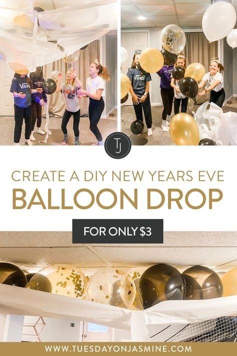 Kids Diy New Years Eve, New Year’s Eve Decorations For Kids, Dropping Balloons From Ceiling, Kids Ball Drop New Years Eve, Nye Party Teenagers, New Years Eve Night In Ideas, Nye Balloon Drop For Kids, Nye House Party Ideas Families, Formal New Years Eve Party Ideas