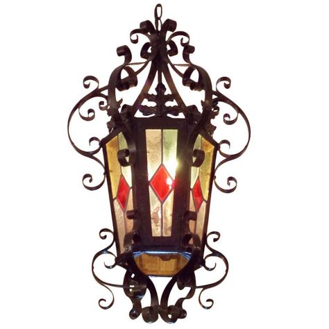 American Wrought Iron Hanging Lantern. French Lantern, Lantern Light Fixture, Iron Lantern, Stained Glass Hanging, Old Lanterns, Lampe Art Deco, Candle Power, 3 Candles, Iron Lanterns