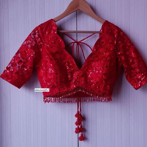 Net Red Saree Blouse Designs, Latest Elbow Length Blouse Designs, Red Net Blouse Designs Latest, Red Blouses Design, Red Net Blouse Designs, Red Net Saree Blouse Design, Necklace For V Neck Blouse, Red Color Blouse Designs Latest, Deep Blouse Designs