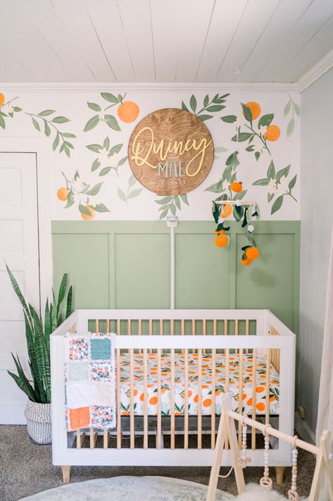 Orange Nursery Girl, Clementine Nursery, Orange Nursery, Tan Walls, Nursery Room Design, Baby Room Inspiration, Green Nursery, Shag Carpet, Nursery Room Inspiration