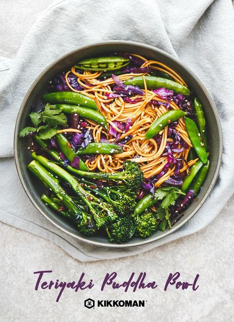 Teriyaki Buddha Bowl | Feel good about your food with a healthy and easy meal. Have lunch or dinner on the table in 24 minutes with just 11 ingredients. Get flavor from garlic, ginger, Kikkoman® Sesame Oil, and Teriyaki Marinade & Sauce. As for veggies, these bowls are packed with purple cabbage, broccolini, snap peas, and a touch of fresh cilantro. This recipe serves 2, so multiply the recipe if you’re feeding a bigger family or doing meal prep. Instructions at KikkomanUSA.com #Kikkoman Teriyaki Buddha Bowl, After Gym Meal, Teriyaki Marinade, Lo Mein, Marinade Sauce, Office Lunch, Purple Cabbage, Buddha Bowl, Snap Peas