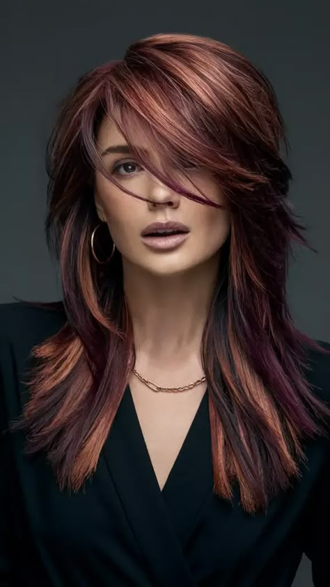 Dark Red With Blonde Money Piece, Haircolors Trends 2024, Red Hair With Dimension, Auburn Hair With Highlights, Colors For 2024, Haute Hair, Hair Color Auburn, Copper Hair Color, Hair Color And Cut