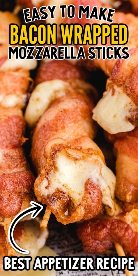 Oozing, stretchy, melted cheese centers wrapped in crispy bacon. These two basic ingredients make the most delicious snack or appetizer. Bacon Wrapped Mozzarella Sticks, Bacon Wrapped Mozzarella, Appetizers Savory, Bacon Wrapped Cheese, Snacks And Appetizers, Best Appetizer, Fast Food Places, Cheese Wrap, Fall Snacks