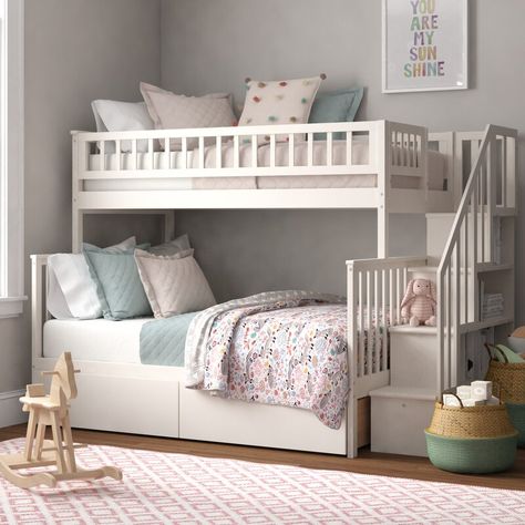 Viv + Rae Shyann Staircase Twin Over Full Bunk Bed with Shelves & Reviews | Wayfair Girls Room Bunk Beds, Bunk Beds For Girls Room, Staircase Bunk Bed, Girls Bunk Beds, Toddler Bunk Beds, Bed Drawer, Bed With Shelves, Twin Over Full Bunk Bed, Triple Bunk