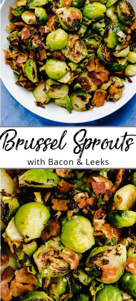 Roasted Brussel sprouts in one-pan with bacon and leeks. Easy to make in one pan and with only 4 simple ingredients! A great side for beef, pork, turkey & lamb. #brusselsprouts #brusselsproutsroasted #brusselsproutswithbacon #brusselsproutsrecipes #easysidedishes #healthysidedishes Brussel Sprouts And Leeks, Pan Roasted Brussel Sprouts, Brussel Sprouts With Bacon, Veggie Bake, Sprouts Recipes, Delicious Sides, Paleo Side Dishes, Sides Dishes, Healthy Appetizer