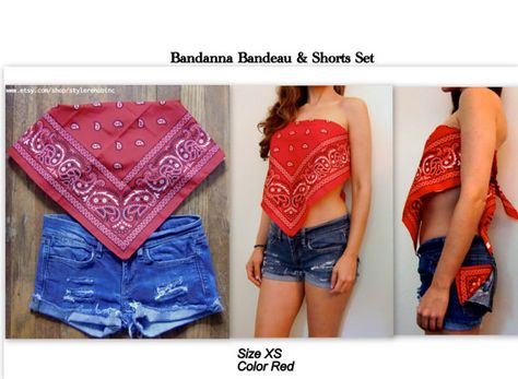 Bandanna Bandeau and Jean Shorts Set. Matching by StyleRehabInc, $45.00 Bandana Tops, Traje Cowgirl, Bandana Crafts, Bandanas Diy, Biker Accessories, Bandana Dress, Pink Bandana, Bandana Top, Shirt Hacks