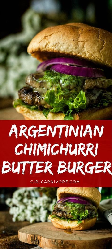 Treat yourself to the irresistible taste of our Argentinian Chimichurri Butter Burger! This juicy burger is topped with a flavorful chimichurri butter that adds a zesty kick to every bite. Grilled to perfection and served on a toasted bun with all your favorite toppings, it's a mouthwatering delight that's sure to please. Elevate your burger game with this delicious twist on a classic favorite! Chimichurri Butter, Chimichurri Burger, Butter Burger Recipe, Argentinian Chimichurri, Easy Homemade Burgers, Butter Burger, Best Homemade Burgers, Healthy Burger Recipes, Easy Burger Recipe