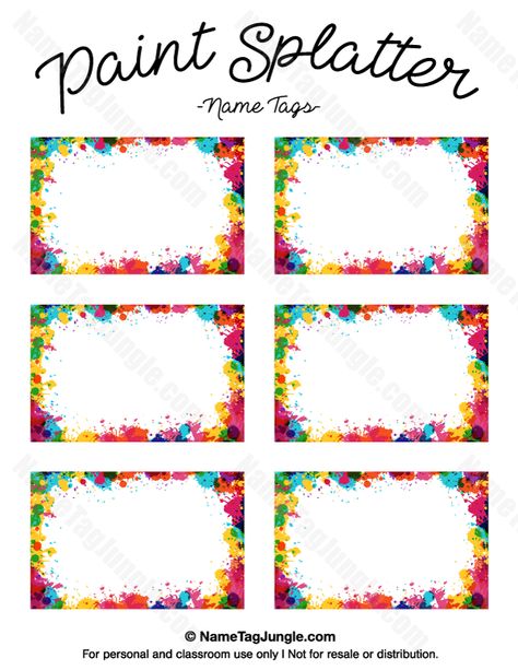 Free printable paint splatter name tags. The template can also be used for creating items like labels and place cards. Download the PDF at http://nametagjungle.com/name-tag/paint-splatter/ Spring Name Tags For Cubbies, Cda Portfolio Cover Free Printable, Free Name Tags Printables, Name Labels For School Printable, Name Badge Template, Preschool Name Tags, Tag Template Free, Printable Tags Template, Preschool Names