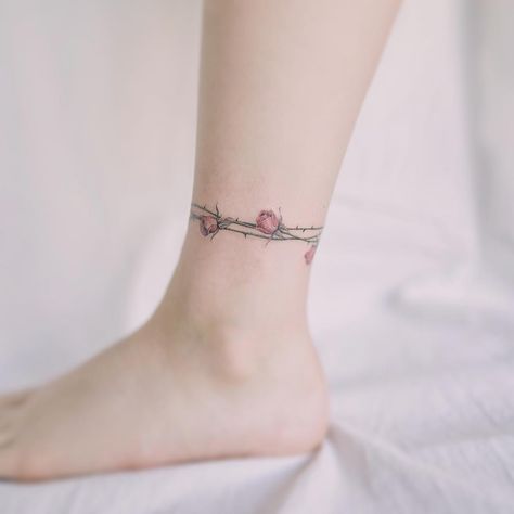 Rose with Thorns Rose With Thorns Tattoo, Rose Thorn Tattoo, Rose Bud Tattoo, Rose With Thorns, Thorns Tattoo, Ankle Band Tattoo, Rose Tattoo On Ankle, Rose Vine Tattoos, Simple Rose Tattoo