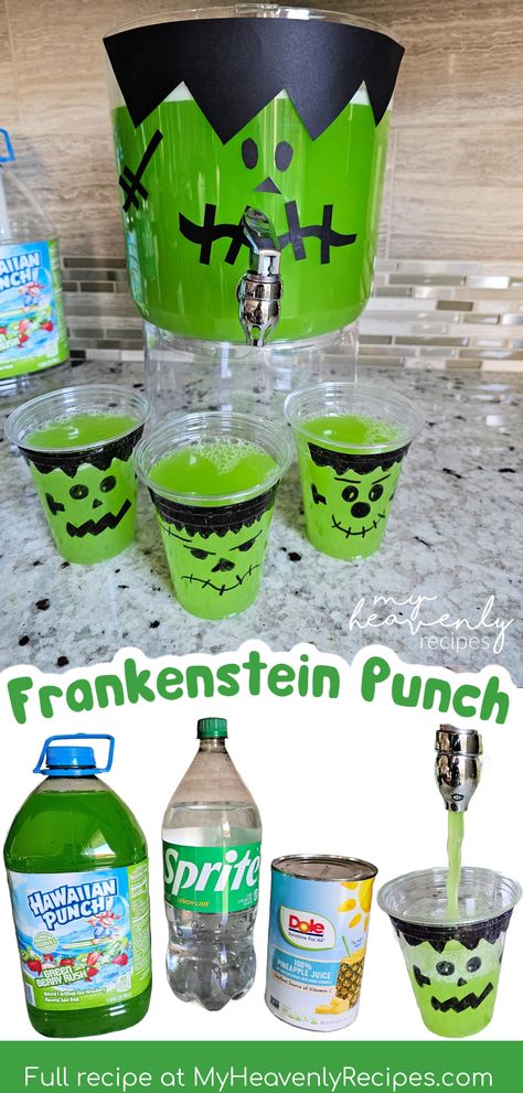 frankenstein punch Hulk Punch Recipe, Green Halloween Punch For Kids, Virgin Halloween Punch, Green Halloween Drinks Nonalcoholic, Halloween Alcoholic Drinks For A Party Punch, Halloween Soda Bar, Beetlejuice Drinks For Kids, Halloween Punch Game, Kids Halloween Punch Ideas