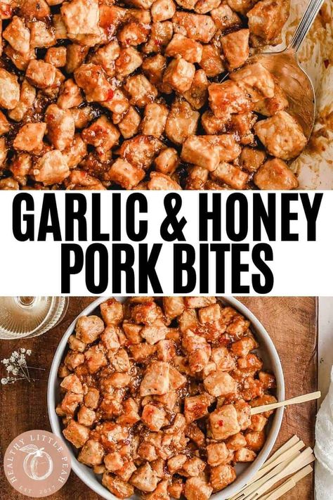 These easy chopped pork bites are smothered in tangy garlic honey sauce with a little kick of spice. The perfect appetizer for any occasion! Gluten-free, paleo, and dairy-free. Garlic Pork Chop Bites, Honey Garlic Pork Bites, Pork Bites Recipes, Garlic Pork Bites, Paleo Pork Chop Recipes, Pork Chop Bites, Paleo Pork Chops, Honey Pork Chops, Honey Garlic Pork