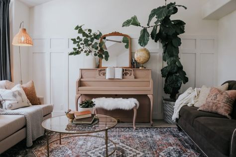 Living Room and Painted Piano Makeover for Deserving Single Mom - Nesting With Grace Piano Decorating Ideas Modern, Self Playing Piano, Lamp On Piano, How To Style Piano, Living Room Upright Piano, Decor Over Piano, Piano Small Living Room, Redone Piano, Mirror Over Piano