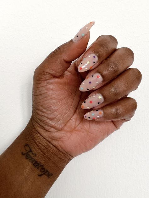 Multi Colored Polka Dot Nails, Orange Dot Nails, Rainbow Polka Dot Nails, French Tip With Polka Dots, Nails With Dots Design, Spotty Nails, Speckled Nails, Dotty Nails, Black Dot Nails