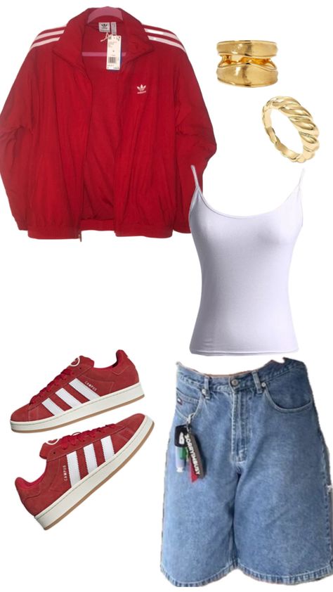 Red campus and jorts, white top and adidas red jacket Red Adidas Jacket Outfit, Red Streetwear Outfit, Red Campus, Adidas Jacket Outfit, Red Sneakers Outfit, Red Adidas Jacket, Outfit Campus, Adidas Outfit Shoes, Campus Outfit