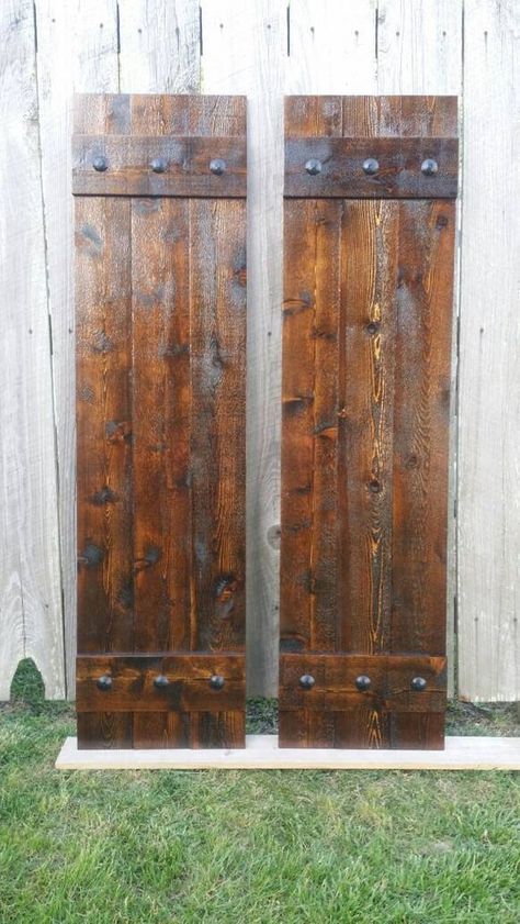 Set of 2 Exterior Rustic Cedar Shutters with Black Clavos | Etsy Wood Shutters Exterior, Farmhouse Shutters, Outdoor Shutters, Rustic Shutters, Cedar Shutters, Diy Shutters, House Shutters, Old Shutters, Faux Beams