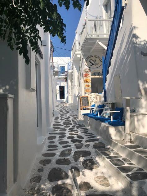 Loving walking through all the beautiful cobblestone streets in Greece! Streets Of Greece, Greece Streets Aesthetic, Greek City Aesthetic, Greece Buildings, Greece Streets, Greek Streets, Gap Year Travel, Greece Summer, Honeymoon Spots