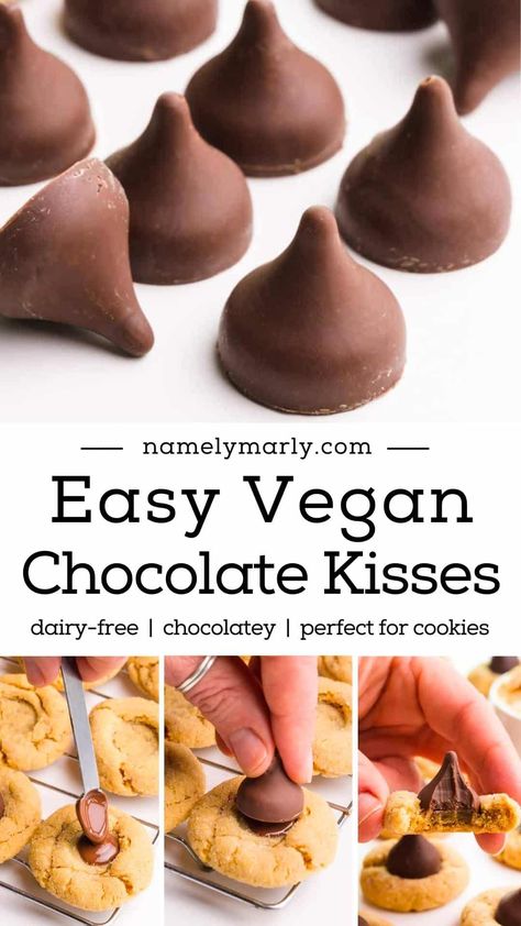 These vegan Hershey kisses are rich chocolate candies you can serve plain or on top of your favorite chewy peanut butter cookies. #vegankisses #veganchocolate #namelymarly Hershey Kisses Recipes, Lunchbox Recipes, Alpha Gal, Vegan Candy, Vegan Christmas Cookies, Vegan Peanut Butter Cookies, Vegan Baking Recipes, Chewy Peanut Butter Cookies, Vegan Christmas Recipes