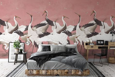 Crane Wallpaper, Peel And Stick Mural, Chinoiserie Art, White Crane, Glossy Paint, Japanese Folklore, How To Hang Wallpaper, Crane Bird, Chinoiserie Wallpaper