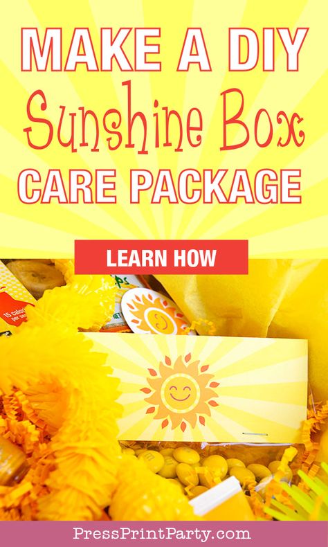 smiley sun with yellow gifts make a diy sunshine box care package press print party Thinking Of You Box Ideas, Sunshine Gifts For Teachers, Encouragement Boxes Diy, Yellow Items For Box Of Sunshine, Thinking Of You Care Package Ideas, Yellow Gifts Ideas, Basket To Cheer Someone Up, Diy Sunshine Box Ideas, Get Well Soon Box Ideas