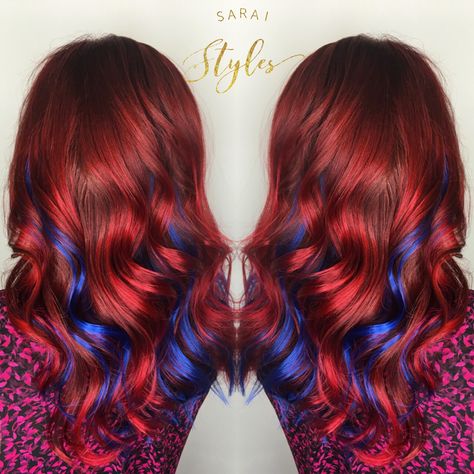 Red Hair With Blue Underneath, Red And Blue Highlights Hair Color Ideas, Red Blue Hair Color, Dark Red And Blue Hair, Red Hair With Pops Of Color, Red Hair Blue Highlights, Blue Hair With Red Highlights, Auburn Hair With Blue Highlights, Red Blue And Purple Hair