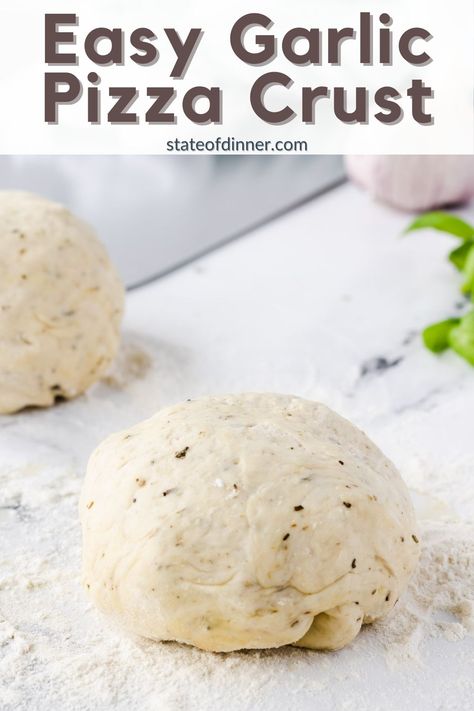 This super simple homemade garlic and herb pizza dough recipe is so flavorful and makes a chewy, crispy crust. It's easy to make your own pizza dough at home! Just 5 minutes to mix together, about an hour to rest, and the dough is ready to bake! Garlic Pizza Dough Recipe, Herb Pizza Dough Recipe, Pizza Dough Bread Machine, Herb Pizza, Italian Pizza Dough Recipe, Best Pizza Dough Recipe, Pizza Oven Recipes, Pizza Crust Dough, Garlic Pizza