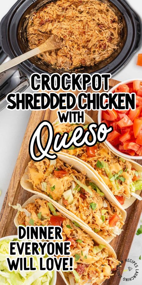 Slow Cooker Queso Chicken, Queso Chicken Tacos, Slow Cooker Queso, Crockpot Shredded Chicken, Queso Chicken, Mexican Dinners, Mexican Feast, Shredded Chicken Crockpot, Easy Enchiladas