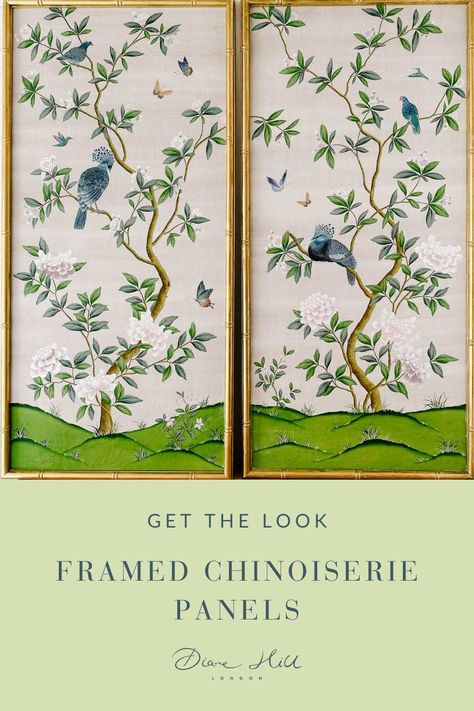 Chinoiserie Framed Wall Art, Framed Fabric Panels, Free Printable Chinoiserie Art, Gold Bamboo Frame, Botanical Pictures Wall Art, Framed Wallpaper Panels Bedroom, Blue And Green Wall Art, Diy Chinoiserie Painting, Wallpaper Framed Panels