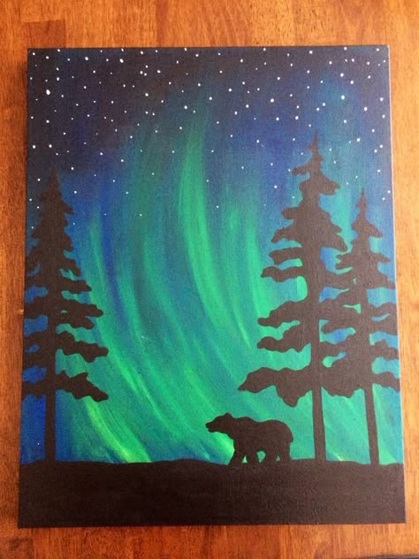 40 Acrylic Painting Ideas For Beginners Chalk Northern Lights, Brother Painting Ideas, Northern Lights Chalk Art For Kids, Painting Ideas For Brother, Glow Paint Ideas, Sillouttes Images, Northern Lights Watercolor, Bear Painting, Dark Paint