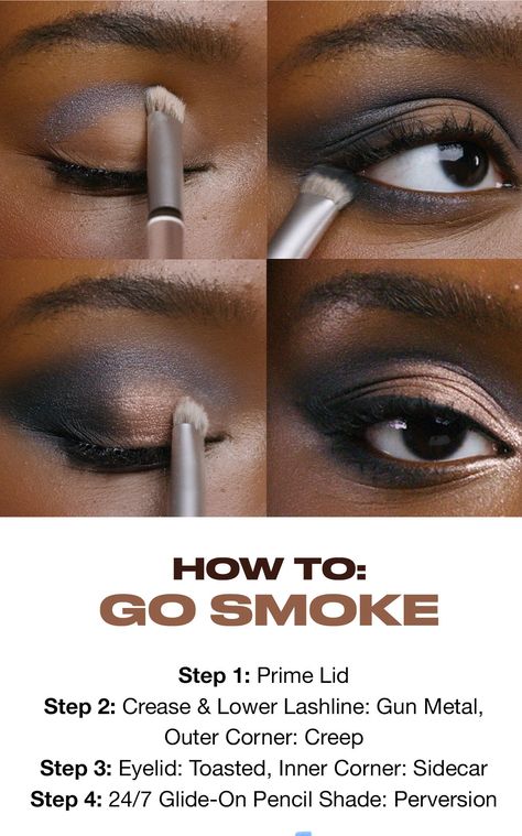 Eyeshadow Brushes Guide Cheat Sheets, Aesthetic Smokey Eye Makeup, Soft Eyeshadow Tutorial, Black And Gold Makeup Looks Smokey Eye, Smokey Eye Hooded Eyes Tutorials, Eyeshadow How To, Smokey Eye Makeup For Brown Eyes, Eye Shadow Hooded Eyes, Black Smokey Eye Makeup Look