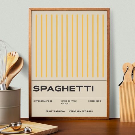 Spaghetti Poster Printable, Food Print, Modern Kitchen Decor, Minimalist Design Italy, Kitchen Art, Pasta Minimal Wall Art - Etsy Denmark Minimal Poster Design Minimalist, Pasta Graphic Design, Pasta Poster Design, Italy Graphic Design, Spaghetti Poster, Spaghetti Art, Kitchen Decor Minimalist, Pasta Poster, Cavatelli Pasta