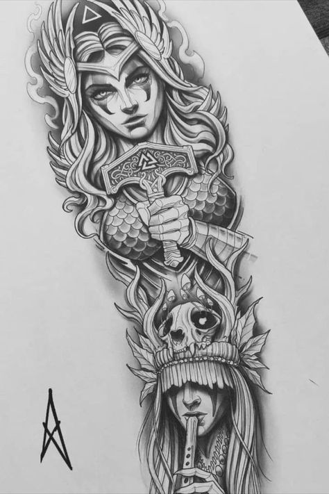 Valkyrie Tattoos, Traditional Viking Tattoos, Viking Warrior Tattoos, Norse Mythology Tattoo, Valkyrie Tattoo, Female Warrior Tattoo, Viking Tattoo Sleeve, Skull Rose Tattoos, Vikings Tattoo