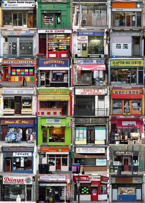 A tapestry of London shop fronts London Store Fronts, London Corner Shop, Corner Shop Aesthetic, Tube Stations London, London Boroughs, Tube Station, Retro Shop, Shop Front, Store Front