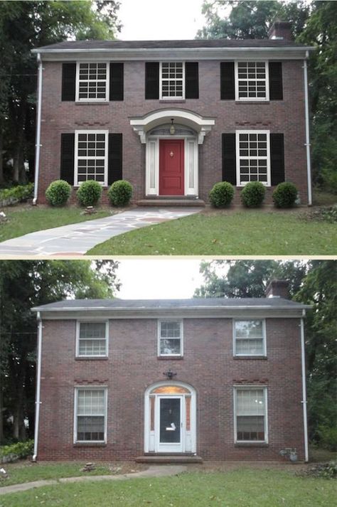 Brick Colonial Home Updated with Shutters & New Entry Colonial Curb Appeal, Portico Design, Brick Homes, House Before And After, Black Shutters, Home Exterior Makeover, Exterior Renovation, Exterior Makeover, Shutters Exterior