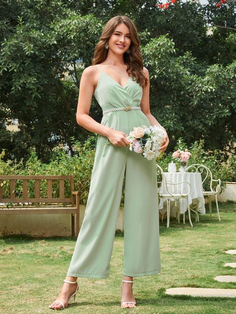 Mint Green Elegant Collar Sleeveless Polyester Plain Cami Embellished Non-Stretch Spring/Summer Women Jumpsuits & Bodysuits Light Green Jumpsuit, Mint Green Jumpsuit, Nice Jumpsuits, Beige Jumpsuit, Outfit Elegantes, Trendy Outfits Indian, Green Formal Dresses, Outfits Indian, Formal Jumpsuit