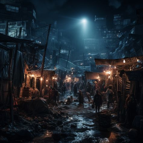 Dystopian City Slums, Dystopian Society Aesthetic, Slum Aesthetic, Dystopian Aesthetic City, Dystopian Slums, Fantasy Slums, Slums Aesthetic, Dystopian Town, Abandoned City Aesthetic